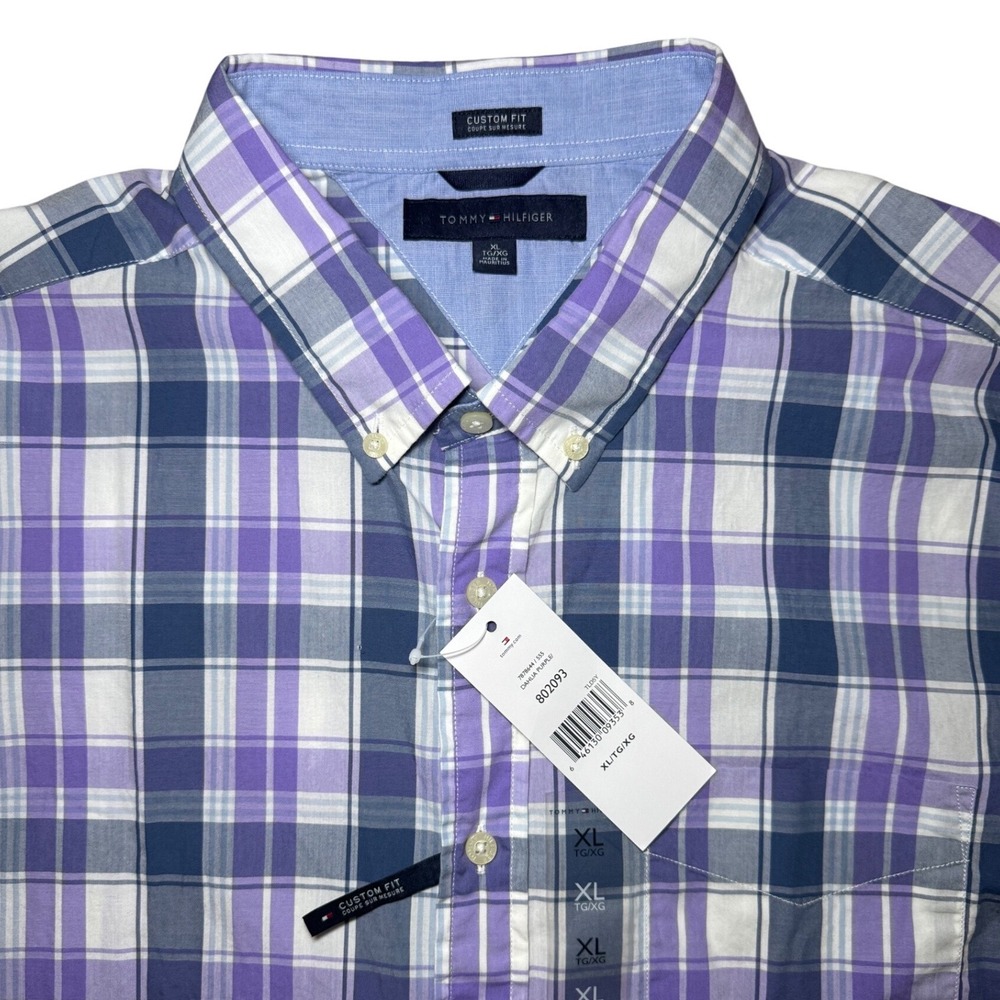 Tommy Hilfiger Custom Fit Short Sleeve Button Down Shirt Men XL Purple Plaid NWT